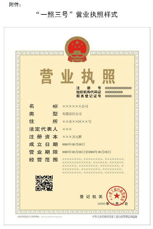 一照三號營業(yè)執(zhí)照樣式